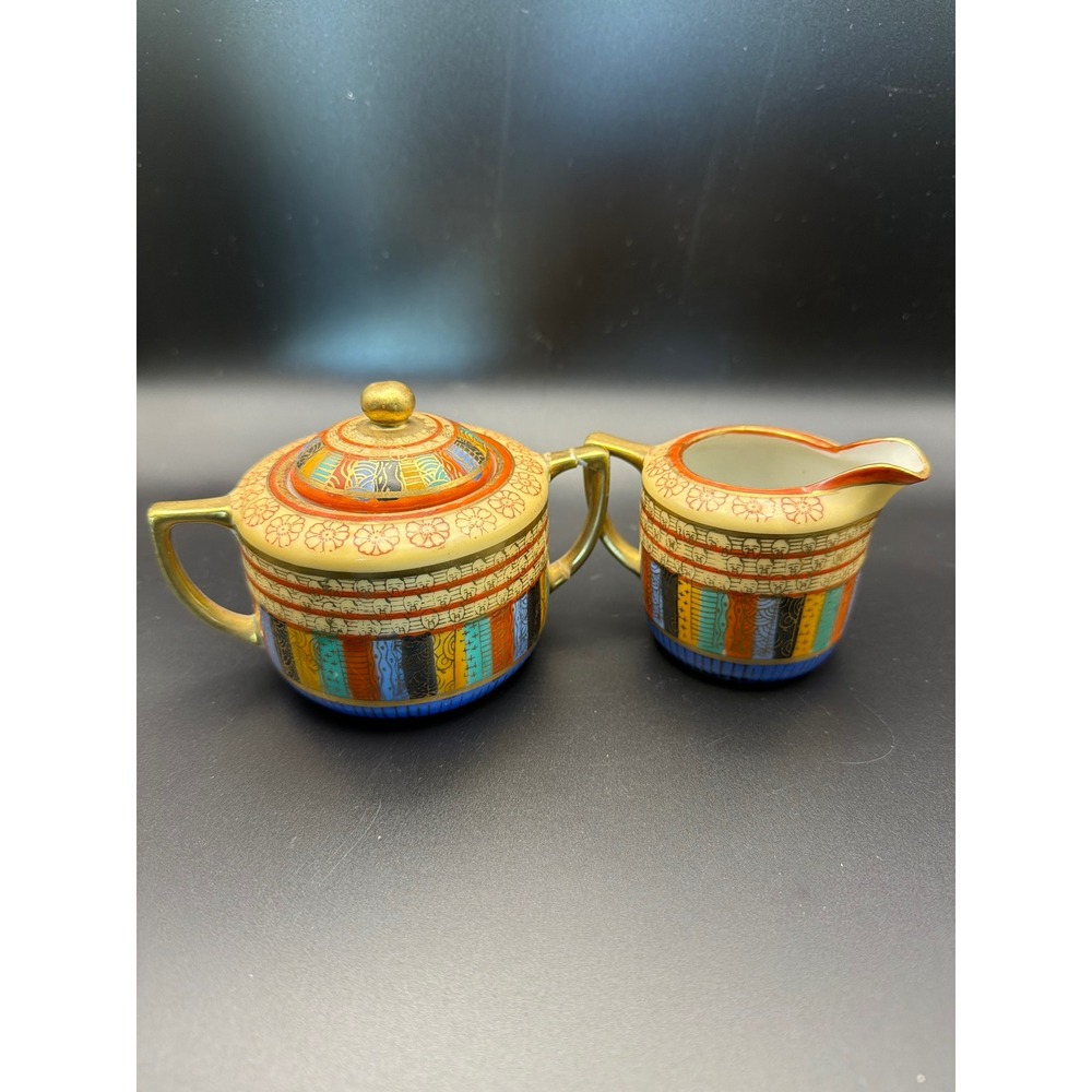 Vintage Mitsu-Boshi Japan Thousand Faces Porcelain Sugar Bowl and Creamer Set